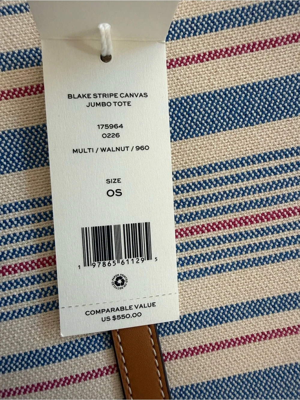 NWT, tory burch blake stripe canvas jumbo large tote multi walnut $550